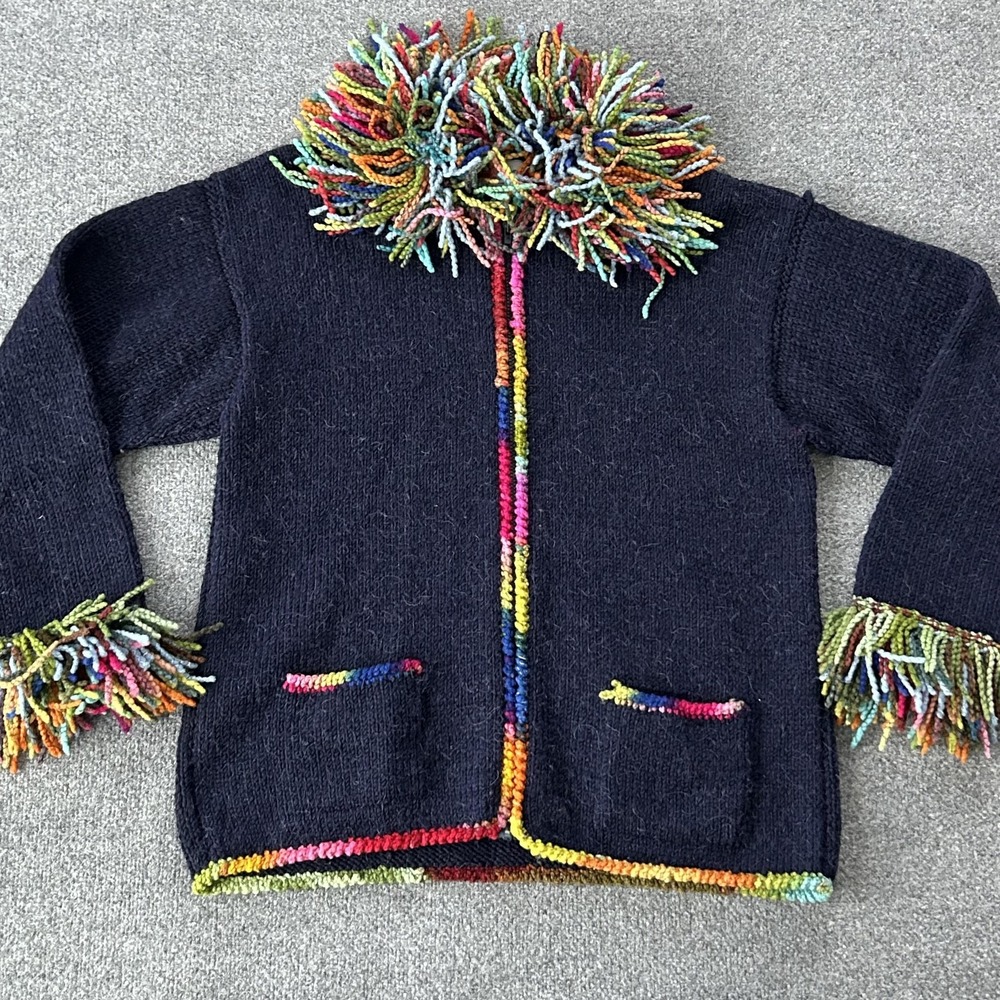 Sweater Venture Sweater Womens Medium Navy Wool Fringe Multicolor Handmade